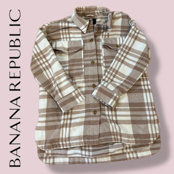 Banana Republic Plaid Shirt Coat Style Steel Neutral Plaid - Medium Petite, EUC - Picture 4 of 11